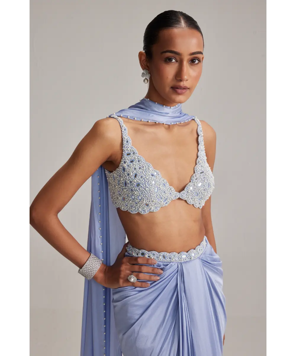 VVANI VATS- Dew Blue Satin Draped Skirt Set